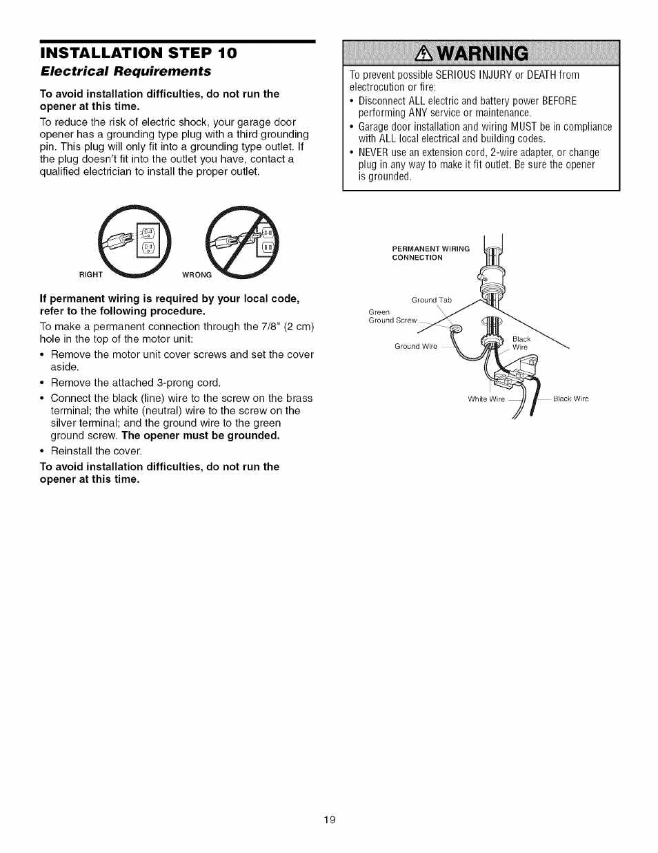 Electrical requirements, A warning, Installation step 10 | Craftsman 139.53918d User Manual | Page 19 / 79