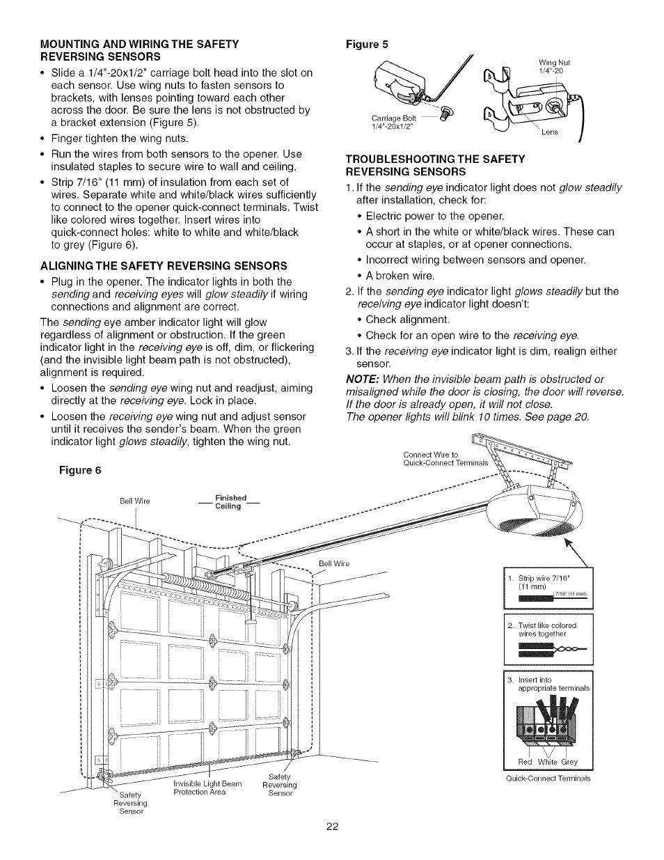 Mounting and wiring the safety reversing sensors, Aligning the safety reversing sensors, Figure 5 | Troubleshooting the safety reversing sensors | Craftsman 139.53918d User Manual | Page 22 / 79
