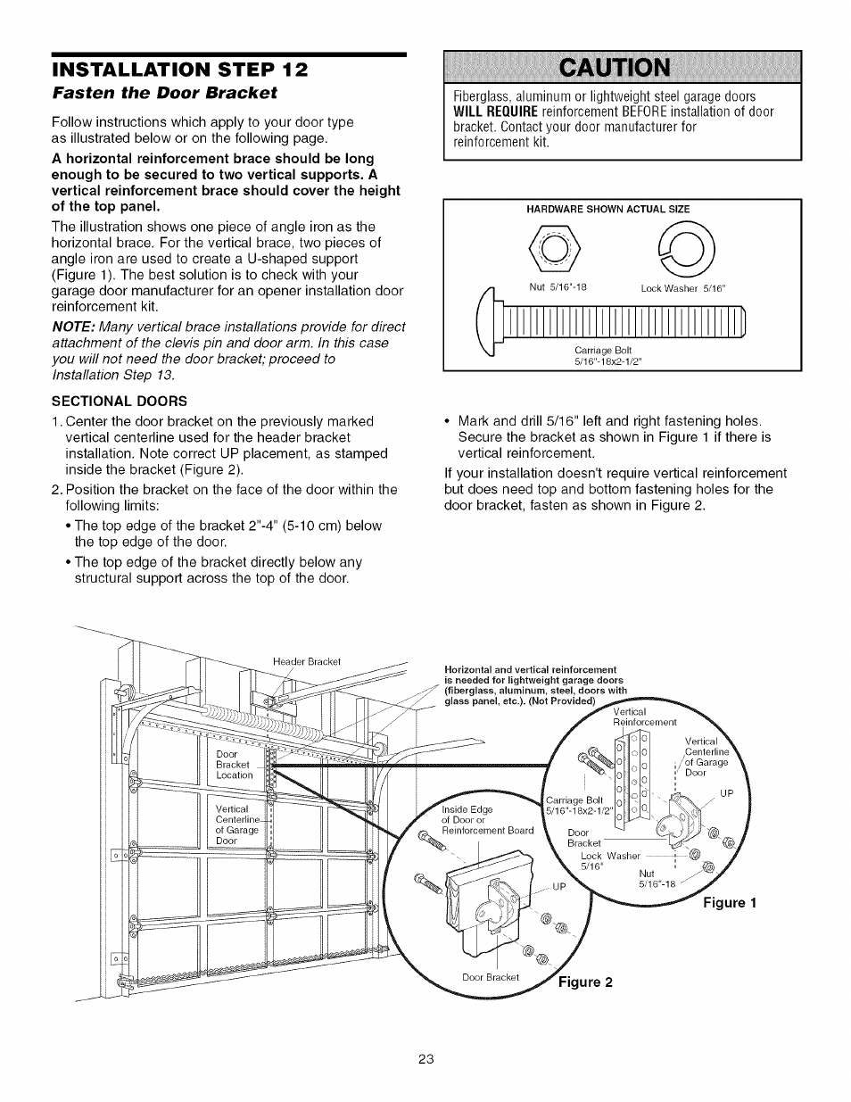 Fasten the door bracket, Sectional doors, Fasten the door bracket -24 | Caution | Craftsman 139.53918d User Manual | Page 23 / 79
