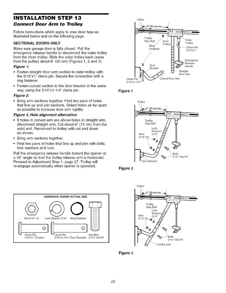 Connect door arm to trolley, Sectional doors only, Figure 3 | Connect the door arm to the trolley -26, Installation step 13 | Craftsman 139.53918d User Manual | Page 25 / 79