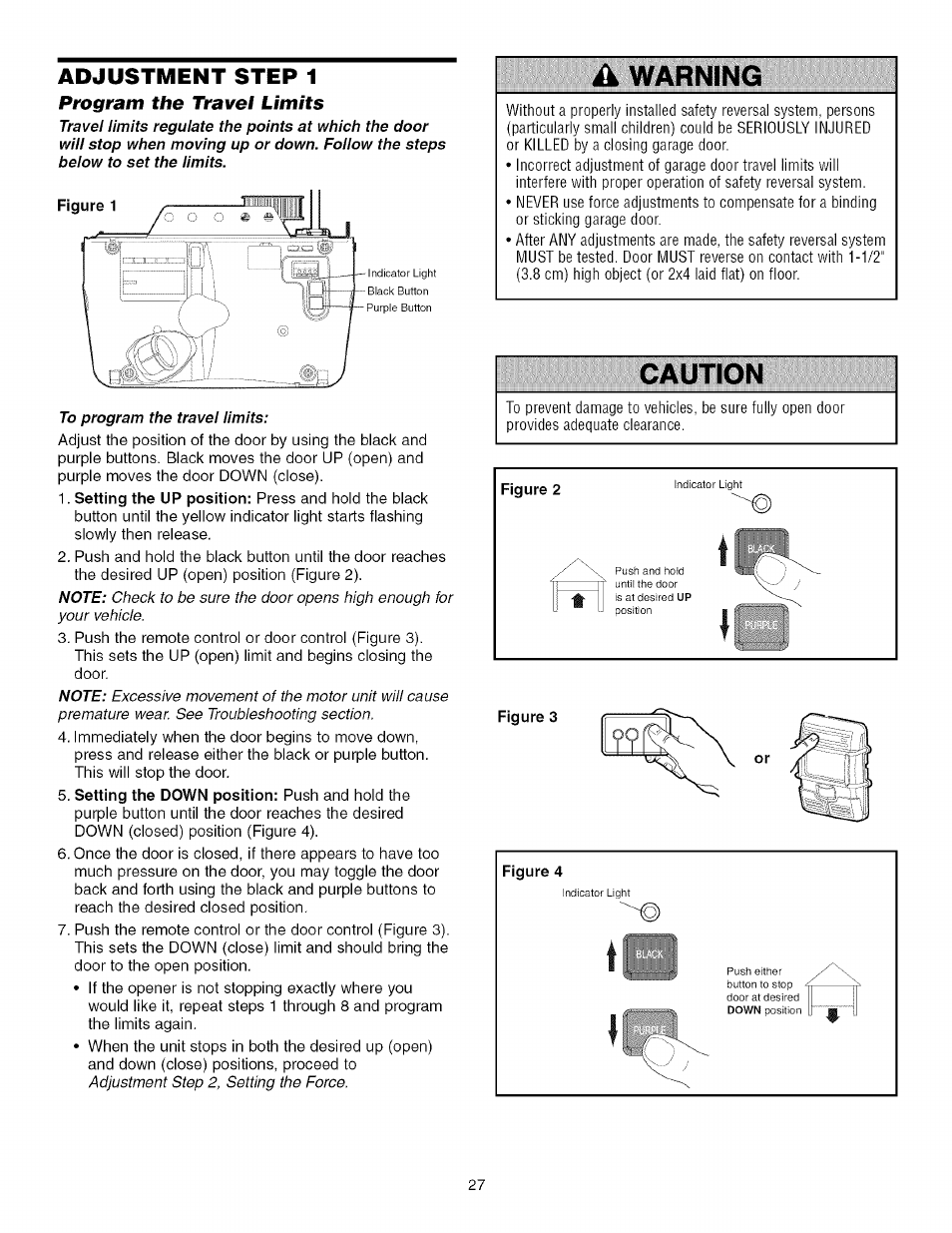 Adjustment step 1, Program the travel limits, A warning | Caution, Warning | Craftsman 139.53918d User Manual | Page 27 / 79