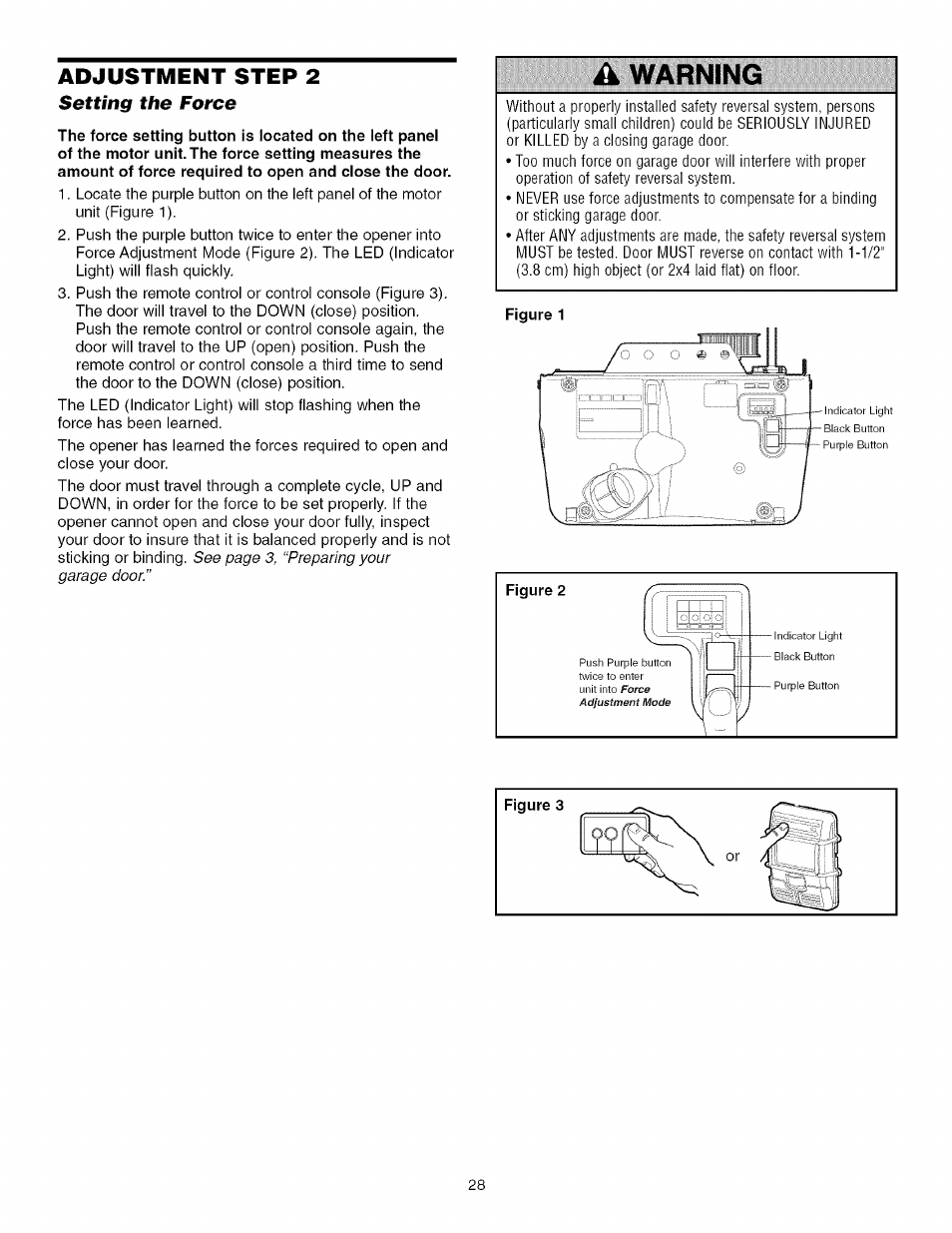 Adjustment step 2, Setting the force, A warning | Figure 1, Warning | Craftsman 139.53918d User Manual | Page 28 / 79