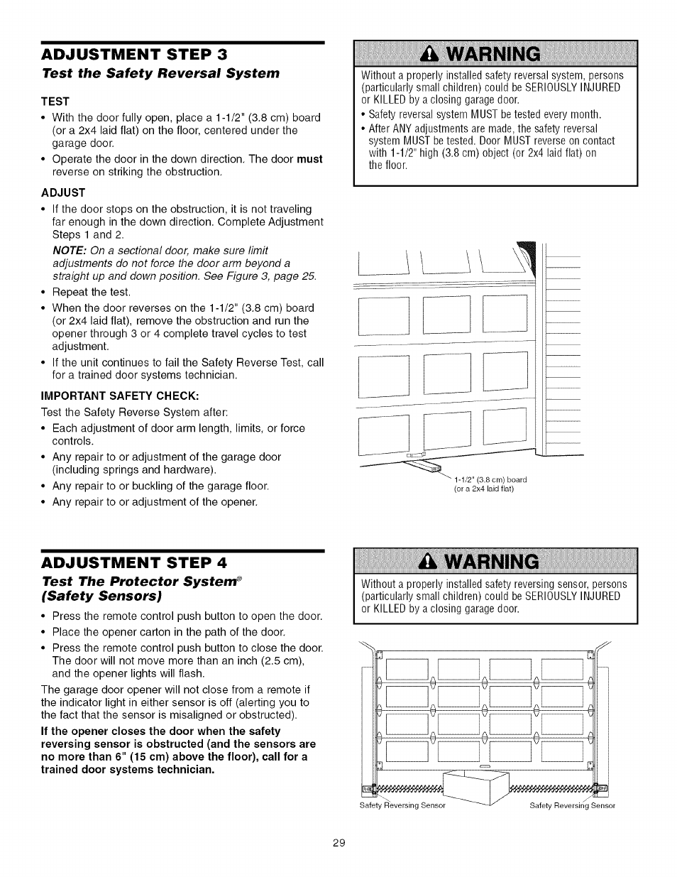 Adjustment step 3, Test the safety reversal system, Test | Adjust, Important safety check, Adjustment step 4, Test the protector system, Safety sensors), Ik warning | Craftsman 139.53918d User Manual | Page 29 / 79