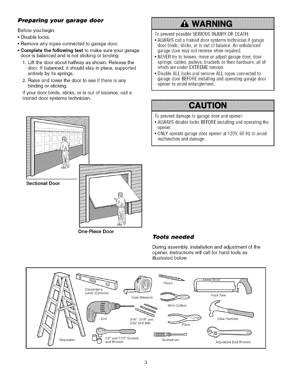 Preparing your garage door, A warning, Caution | Tools needed, Warning | Craftsman 139.53918d User Manual | Page 3 / 79