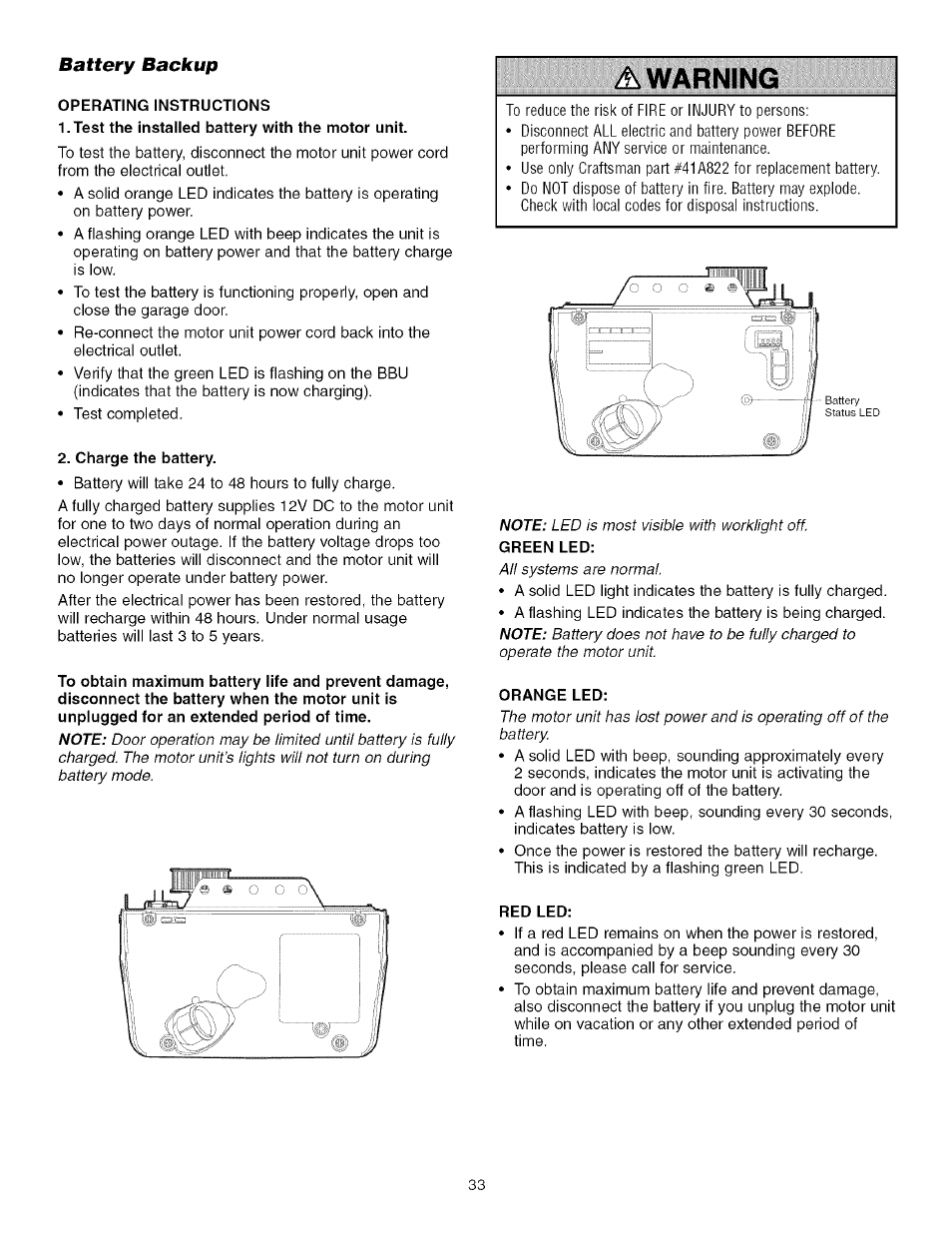 Battery backup, Operating instructions, Test the installed battery with the motor unit | Charge the battery, Green led, Orange led, Red led, Operation safety instructions, A warning | Craftsman 139.53918d User Manual | Page 33 / 79