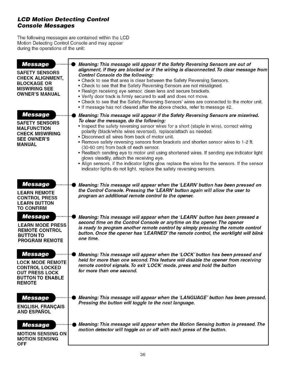Lcd motion detecting control console messages, English, français and español | Craftsman 139.53918d User Manual | Page 36 / 79