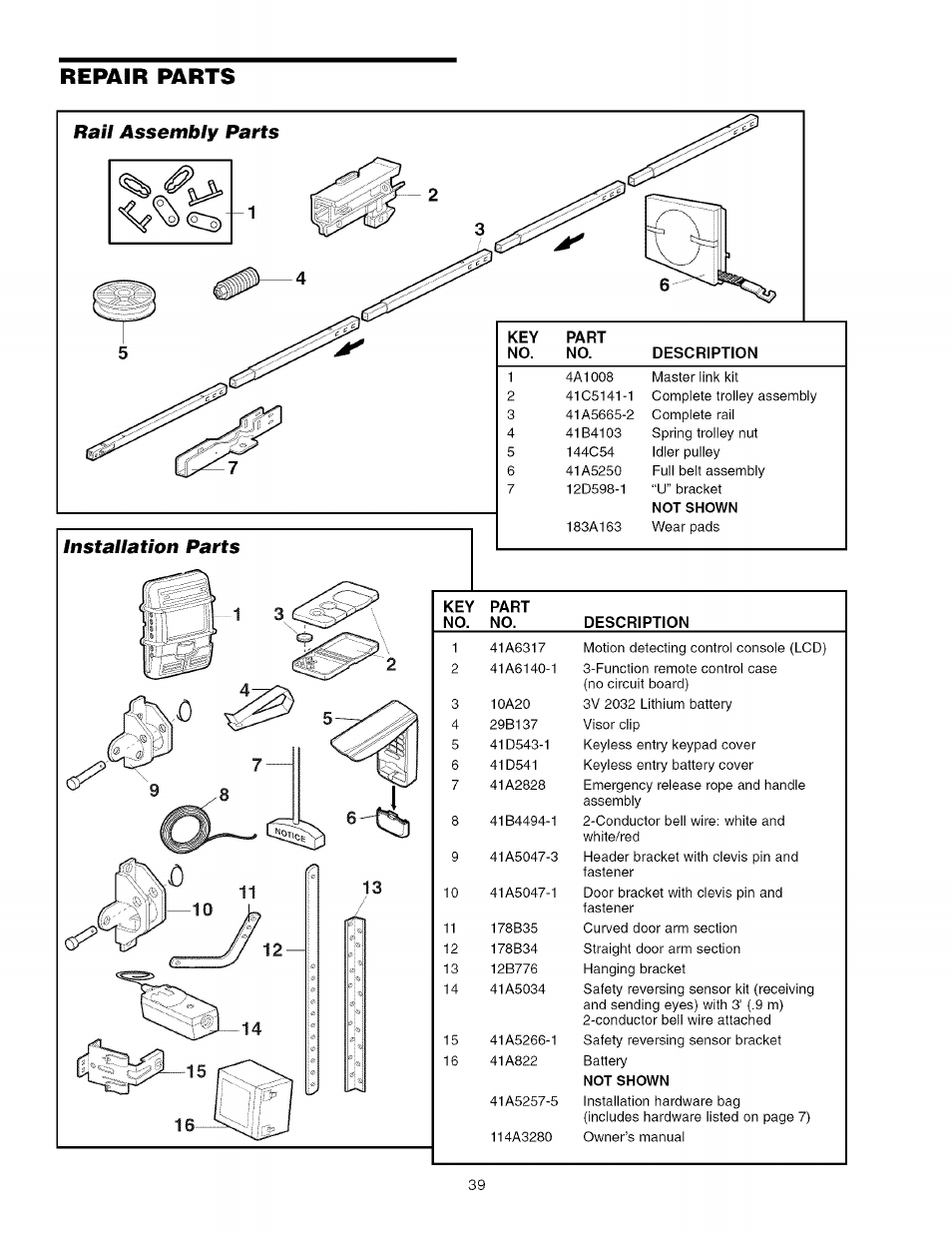 Repair parts, Installation parts, Rail assembly parts installation parts | Craftsman 139.53918d User Manual | Page 39 / 79