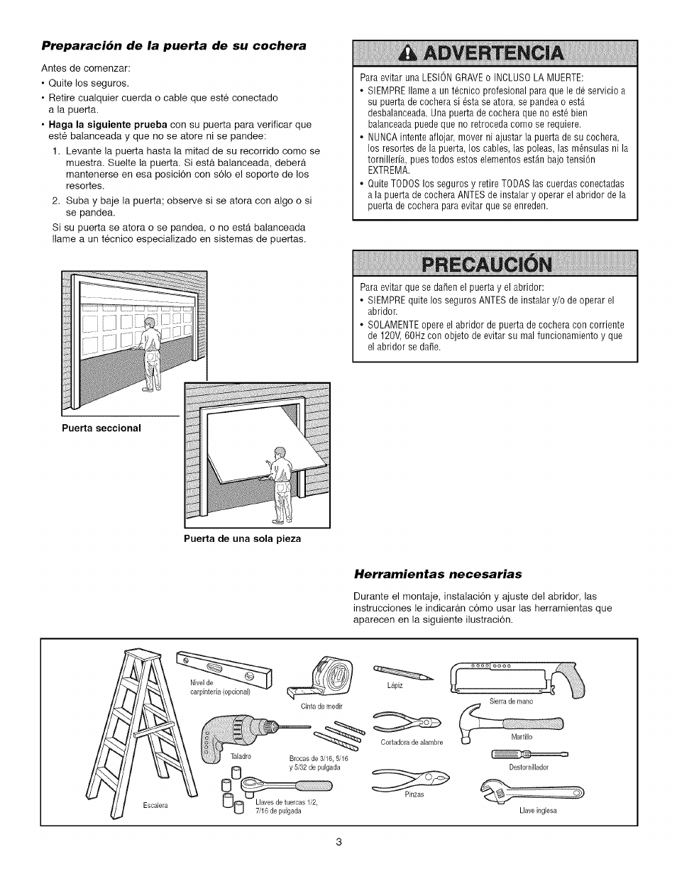 Preparación de la puerta de su cochera, Herramientas necesarias, Preparación de ia puerta de su cochera | Advirtincla, Rícaügión | Craftsman 139.53918d User Manual | Page 42 / 79