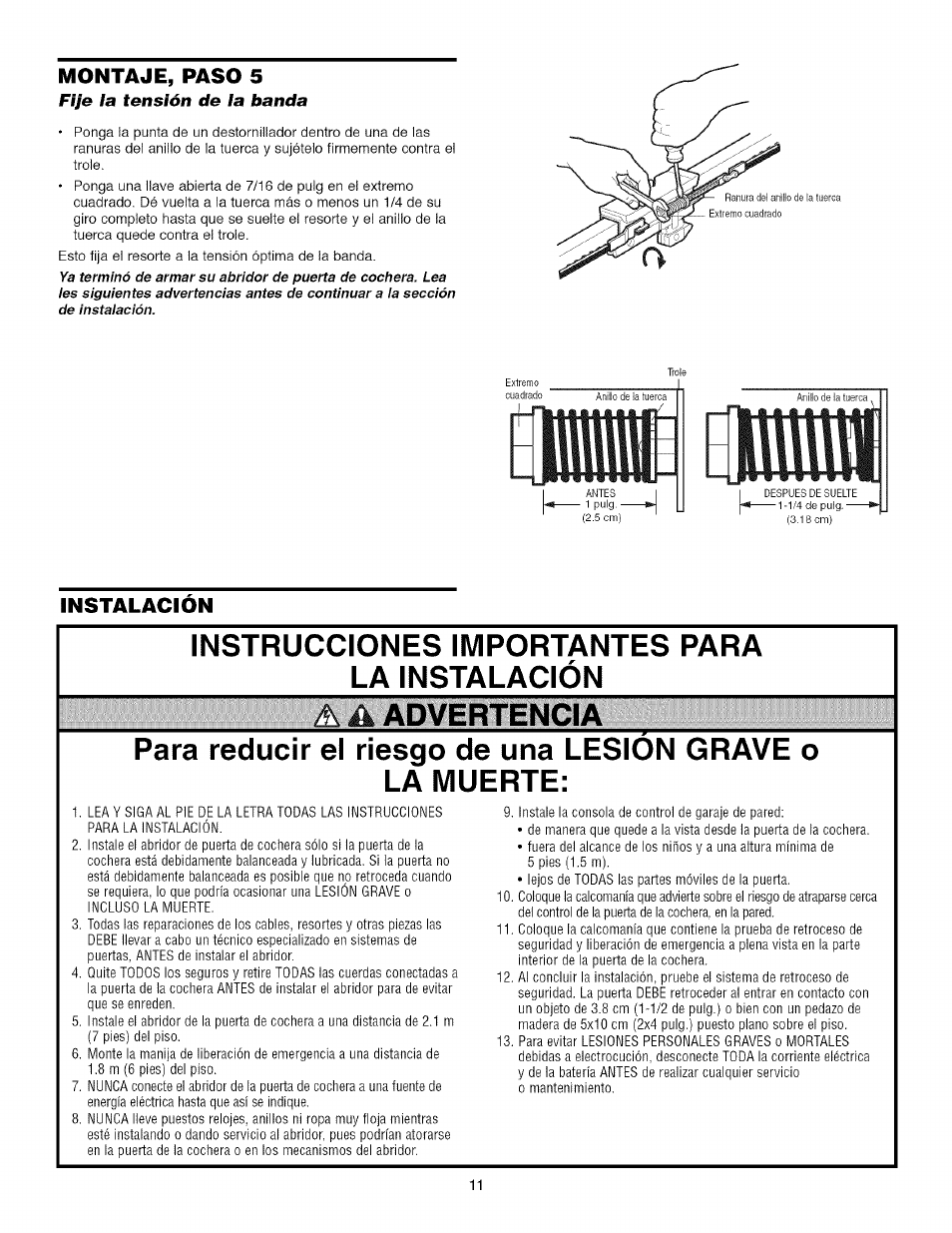 Montaje, paso 5, Ff/e la tensión de la banda, Instalacion | Fije la tensión de la banda, Ff/e | Craftsman 139.53918d User Manual | Page 50 / 79