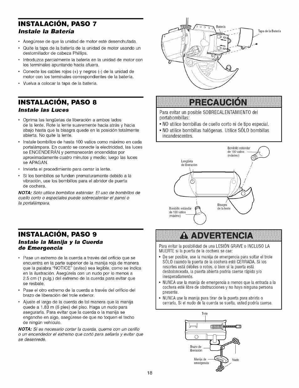 Instalacion, paso 7, Instale la batería, Instalacion, paso 8 | Instale las luces, Instalacion, paso 9, Instale la manija y la cuerda de emergencia, Aaoveétencta, Pregáüción | Craftsman 139.53918d User Manual | Page 57 / 79