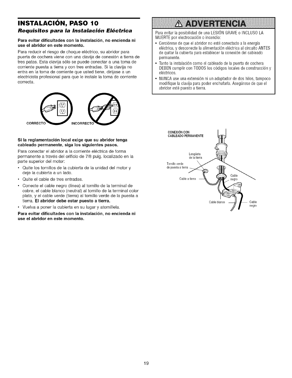 Instalacion, paso 10, Requisitos para ia instaiación eiéctrica, Requisitos para la instalación eléctrica | Craftsman 139.53918d User Manual | Page 58 / 79