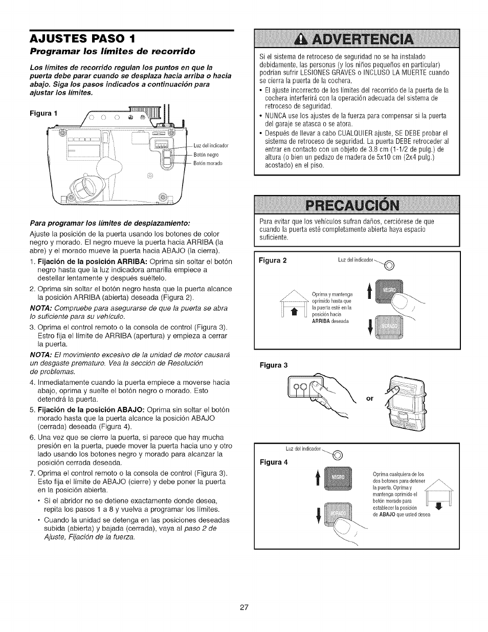 Ajustes paso 1, Programar los límites de recorrido, Precaügiqn | À advertencia | Craftsman 139.53918d User Manual | Page 66 / 79