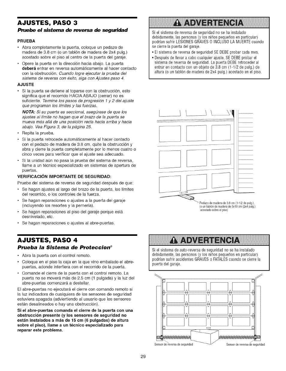Pruebe el sist&na de reversa de seguridiad, Prueba la sistema de protección, Pruebe el sistema de retroceso de seguridad | Pruebe la sistema de protección, Ajadvirtinciá, Ajustes, paso 3, Ajustes, paso 4 | Craftsman 139.53918d User Manual | Page 68 / 79
