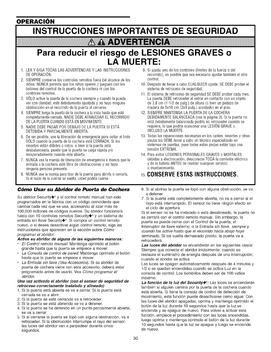 Operacion, Cómo usar su abridor de puerta de cochera, Operación | Instrucciones importantes de seguridad | Craftsman 139.53918d User Manual | Page 69 / 79