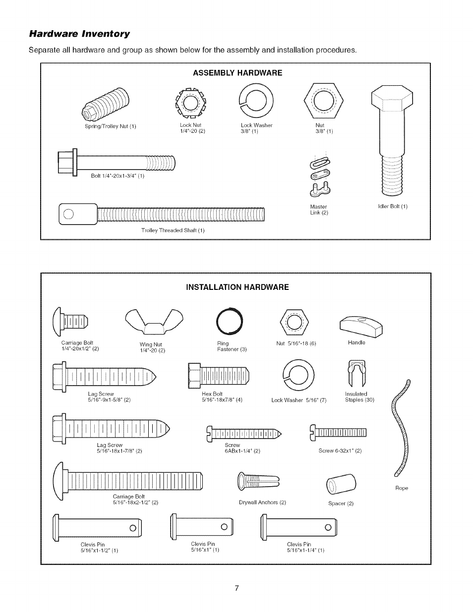 Assembly hardware, Installation hardware, Lltiiniiìeiììiiiìiì | Craftsman 139.53918d User Manual | Page 7 / 79