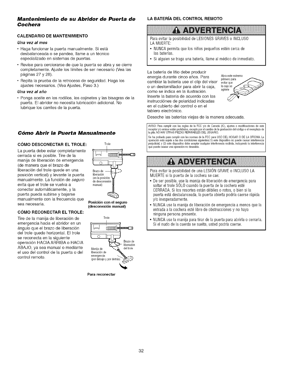 Mantenimiento de su abridor de puerta de cochera, Cómo abrir ia puerta manuaimente, Cómo abrir la puerta manualmente | À advertencia, Uj —j----- o jrtü | Craftsman 139.53918d User Manual | Page 71 / 79