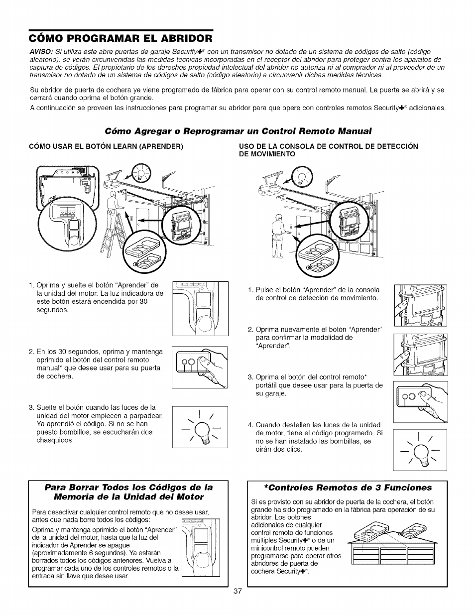 Como programar el abridor, Controles remotos de 3 funciones, Cómo programar ei abridor | Craftsman 139.53918d User Manual | Page 76 / 79