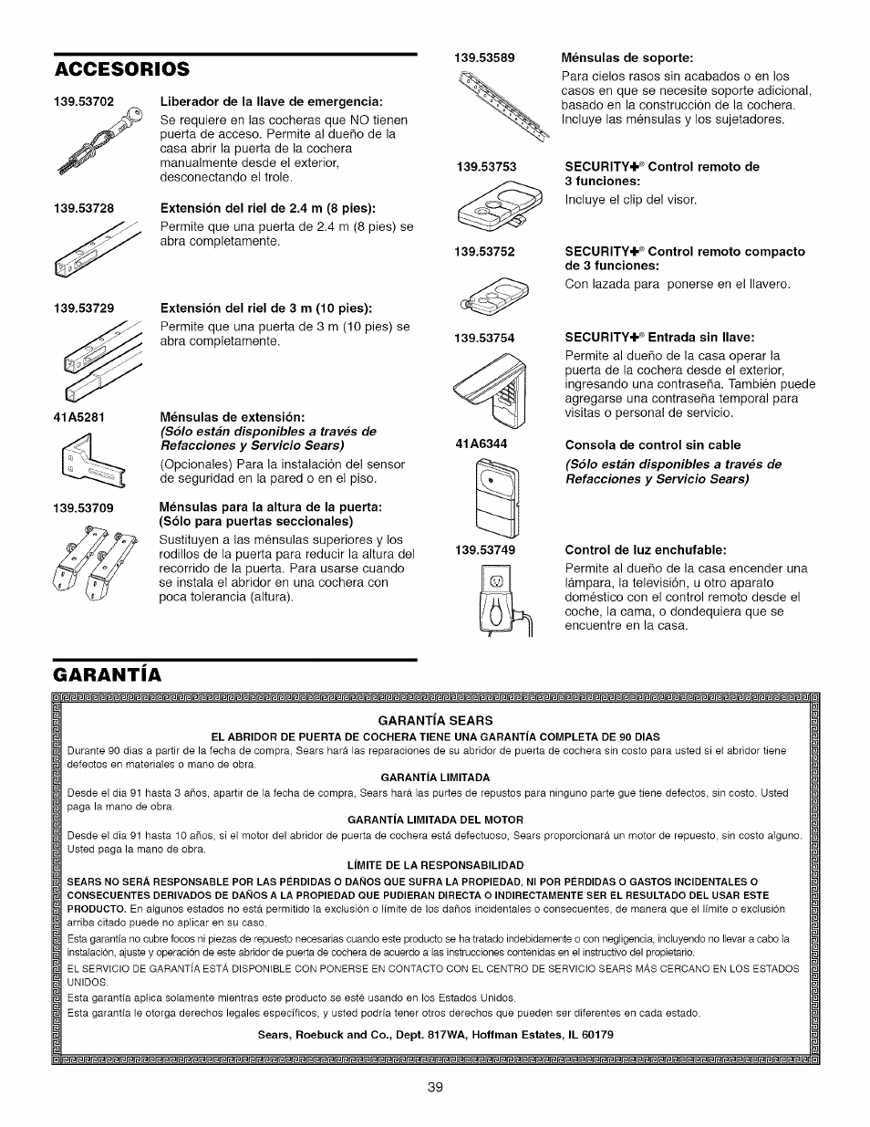 Accesorios, Garantia, Accessories | Garantía | Craftsman 139.53918d User Manual | Page 78 / 79