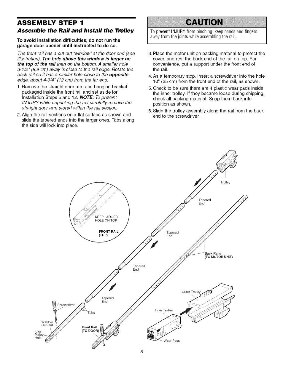 Assemble the rail and install the th>//ey, Assemble the rail and install the trolley, Caution | Craftsman 139.53918d User Manual | Page 8 / 79