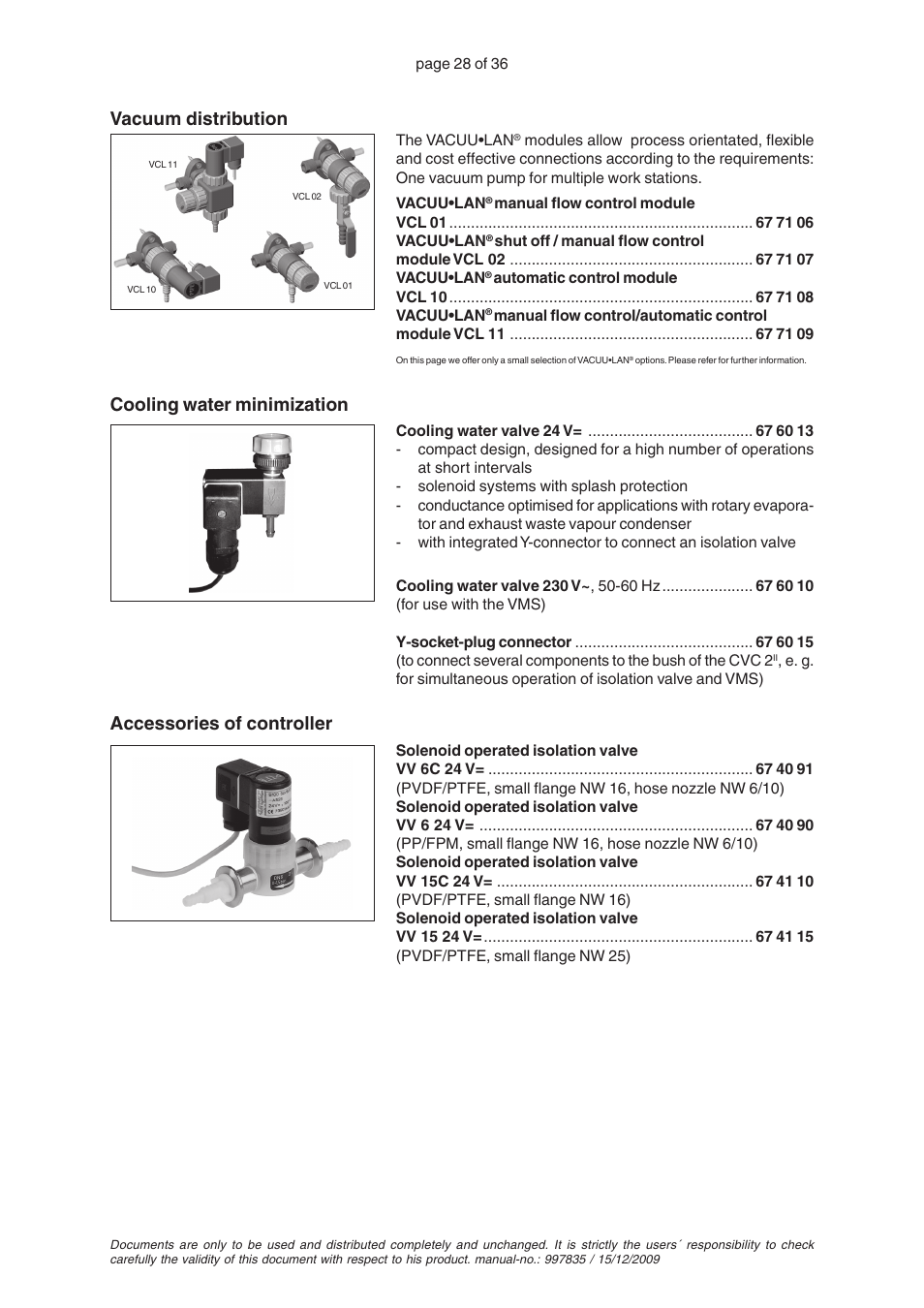 Cooling water minimization, Accessories of controller, Vacuum distribution | VACUUBRAND CVC 2II User Manual | Page 28 / 36