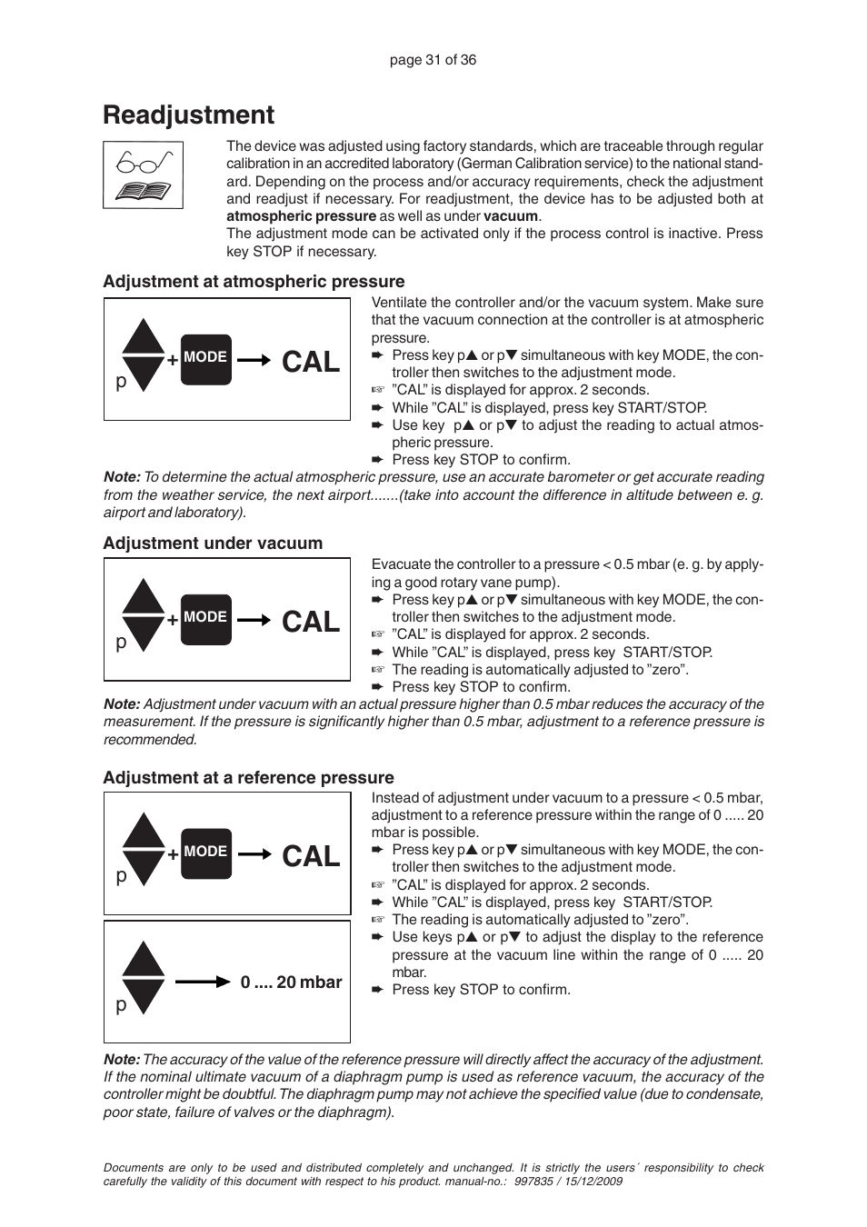 Readjustment | VACUUBRAND CVC 2II User Manual | Page 31 / 36