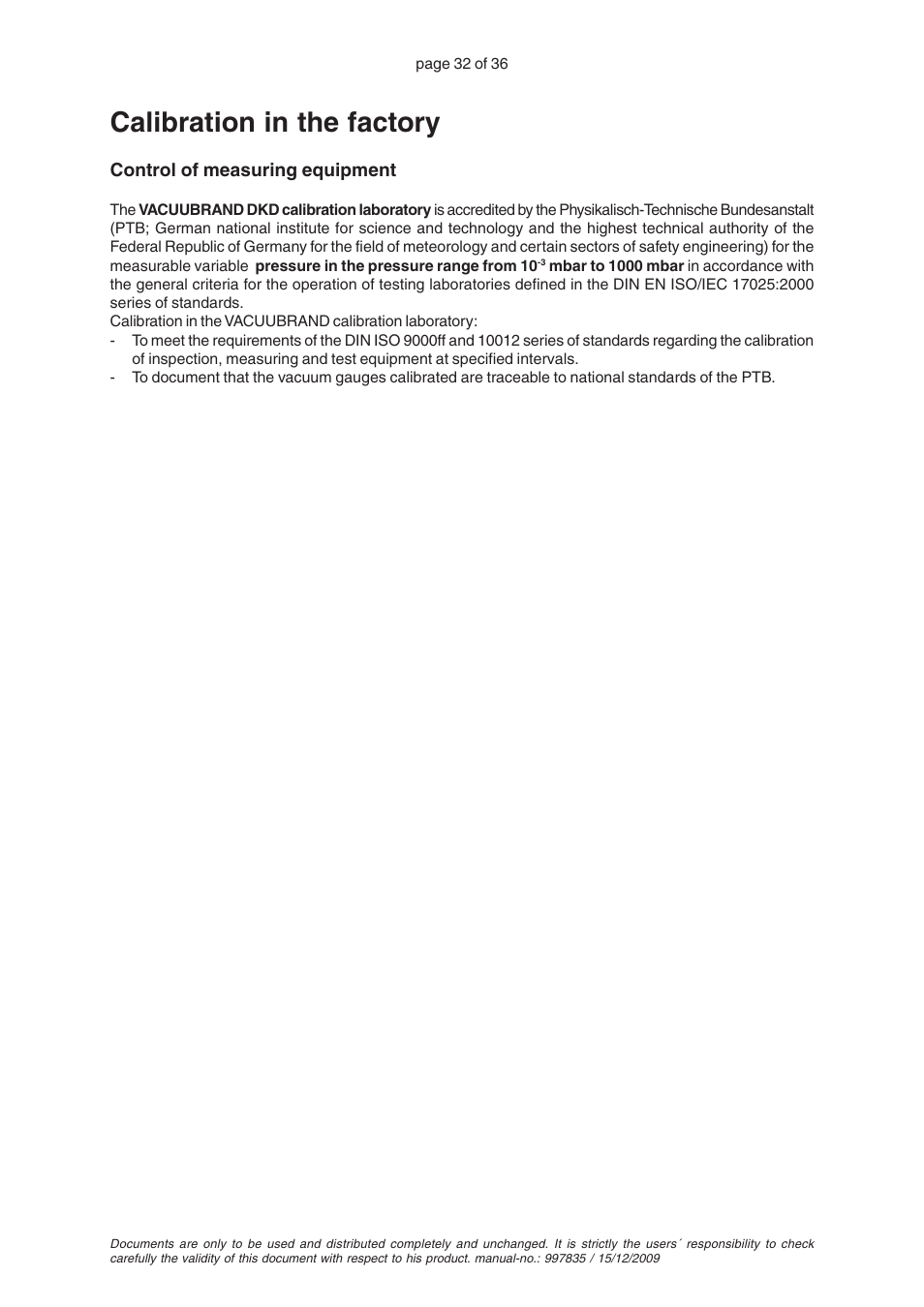 Calibration in the factory | VACUUBRAND CVC 2II User Manual | Page 32 / 36