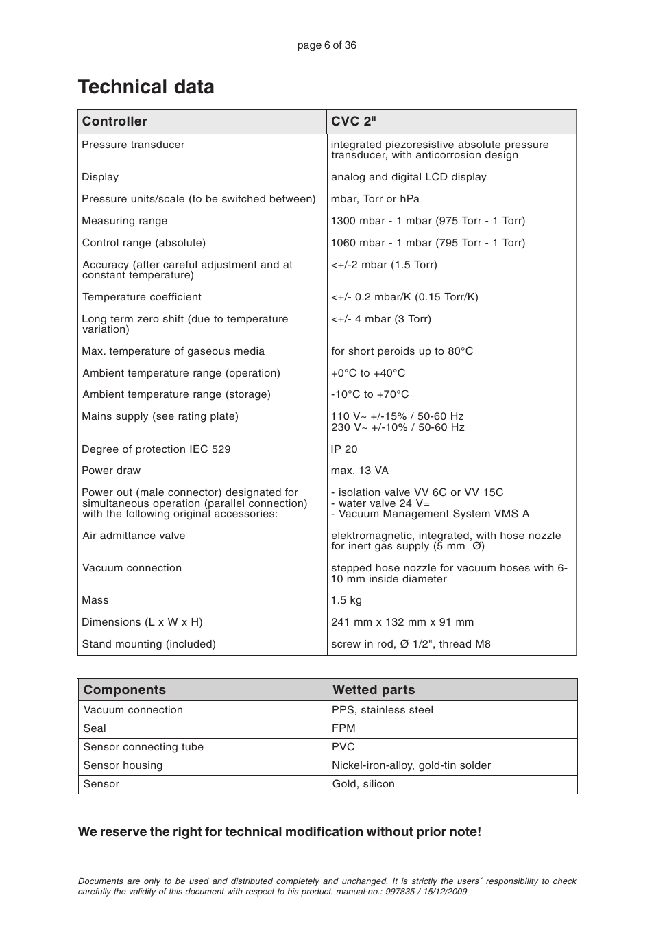 Technical data | VACUUBRAND CVC 2II User Manual | Page 6 / 36