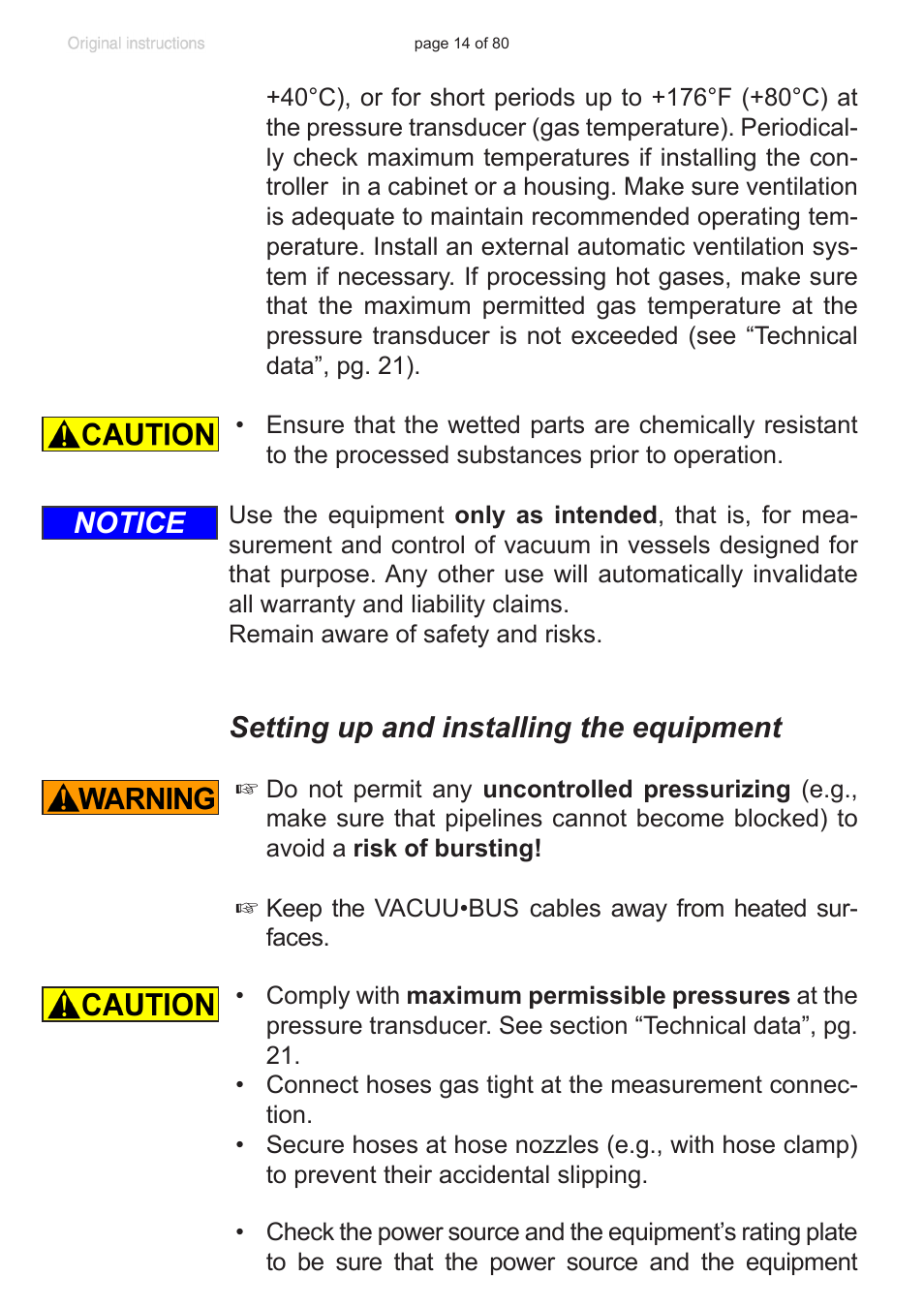Setting up and installing the equipment, Notice | VACUUBRAND CVC 3000 User Manual | Page 14 / 80