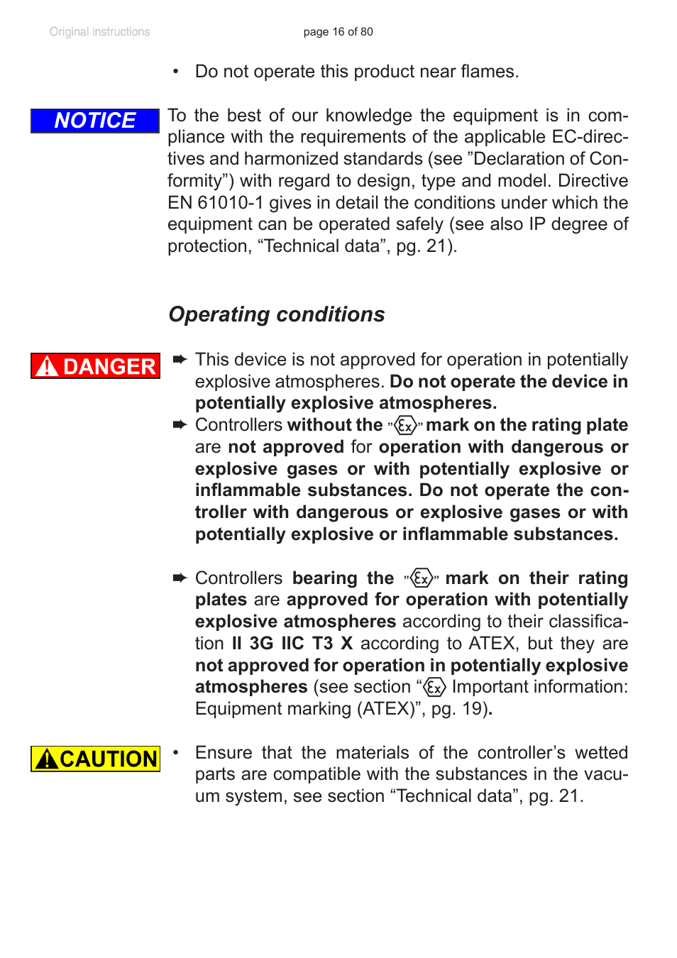 Operating conditions, Safety during operation, Notice | VACUUBRAND CVC 3000 User Manual | Page 16 / 80