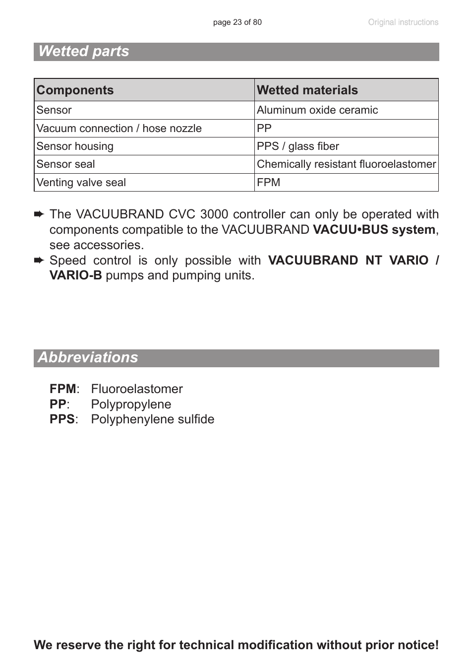 Wetted parts, Abbreviations | VACUUBRAND CVC 3000 User Manual | Page 23 / 80