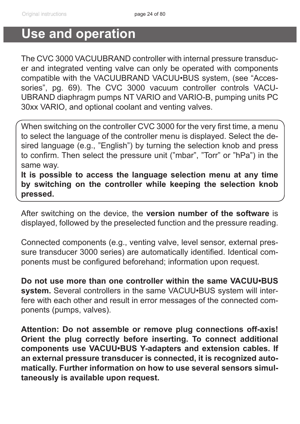 Use and operation | VACUUBRAND CVC 3000 User Manual | Page 24 / 80