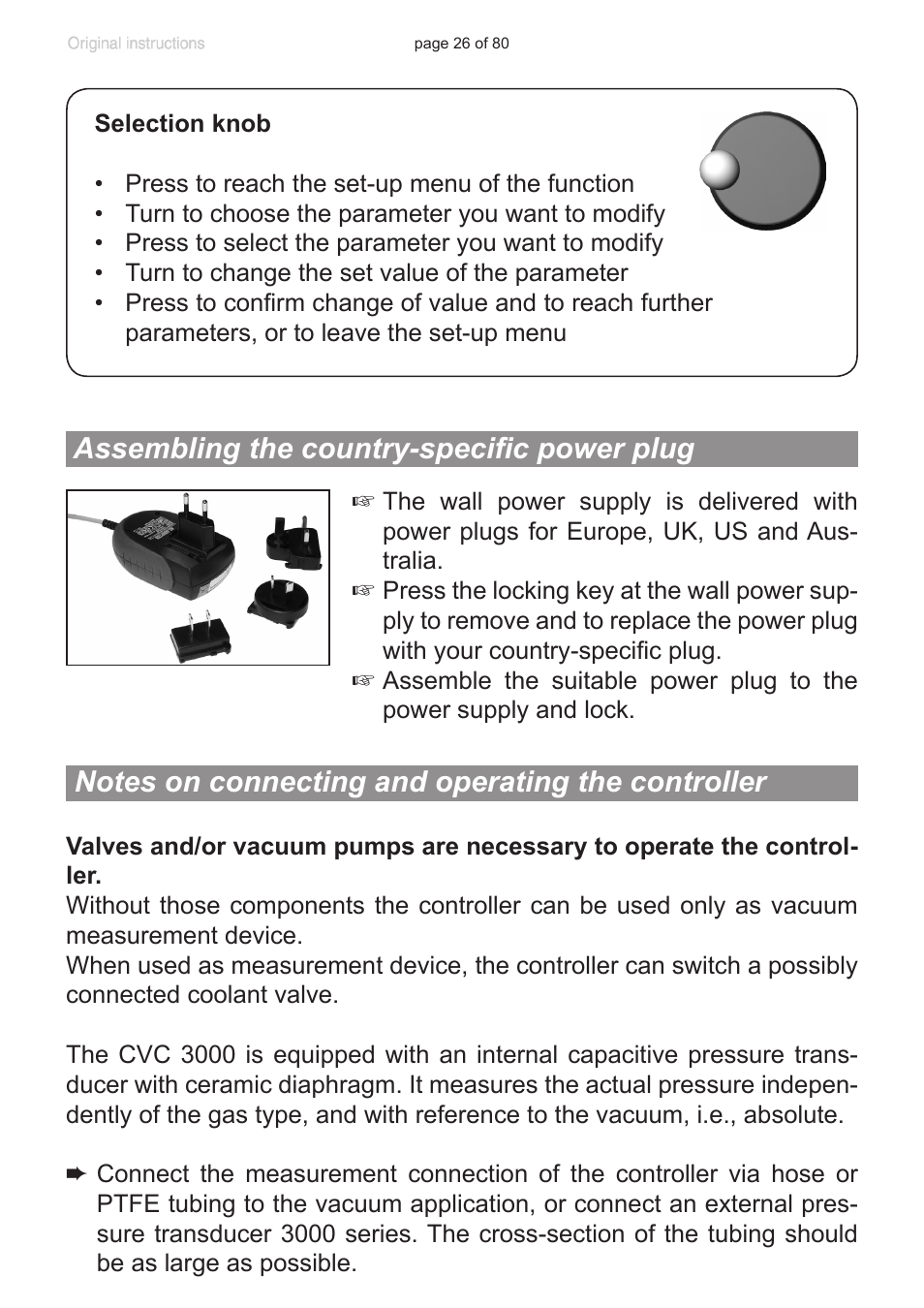 Assembling the country-specific power plug, Notes on connecting and operating the controller | VACUUBRAND CVC 3000 User Manual | Page 26 / 80