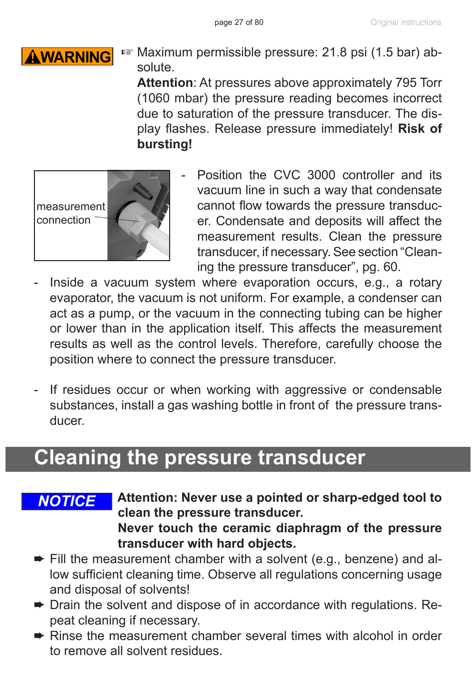 Cleaning the pressure transducer, Notice | VACUUBRAND CVC 3000 User Manual | Page 27 / 80