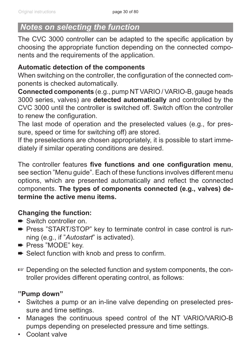 Notes on selecting the function | VACUUBRAND CVC 3000 User Manual | Page 30 / 80