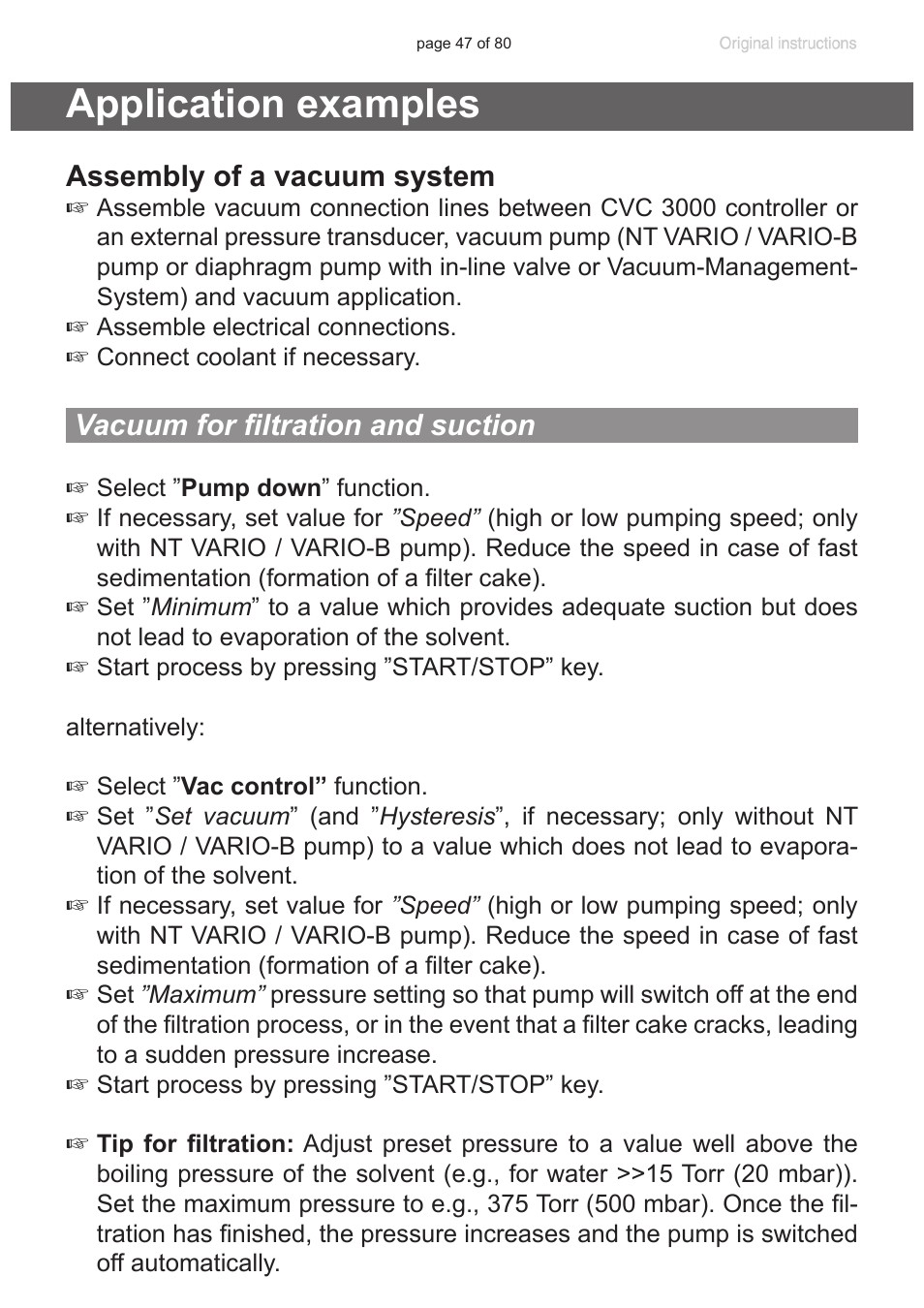 Application examples, Vacuum for filtration and suction, Assembly of a vacuum system | VACUUBRAND CVC 3000 User Manual | Page 47 / 80