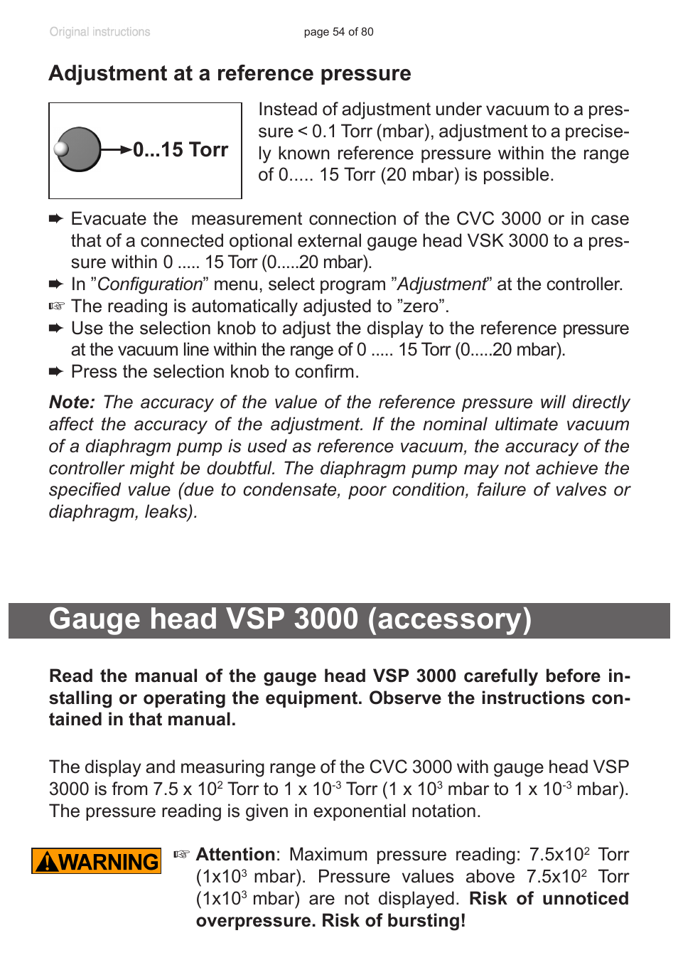 Gauge head vsp 3000 (accessory), Adjustment at a reference pressure, 0 torr | VACUUBRAND CVC 3000 User Manual | Page 54 / 80