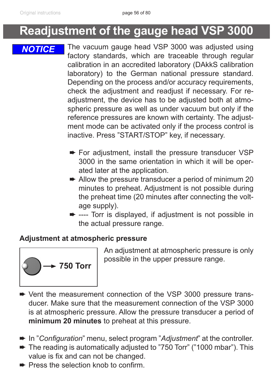 Readjustment of the gauge head vsp 3000, Notice | VACUUBRAND CVC 3000 User Manual | Page 56 / 80