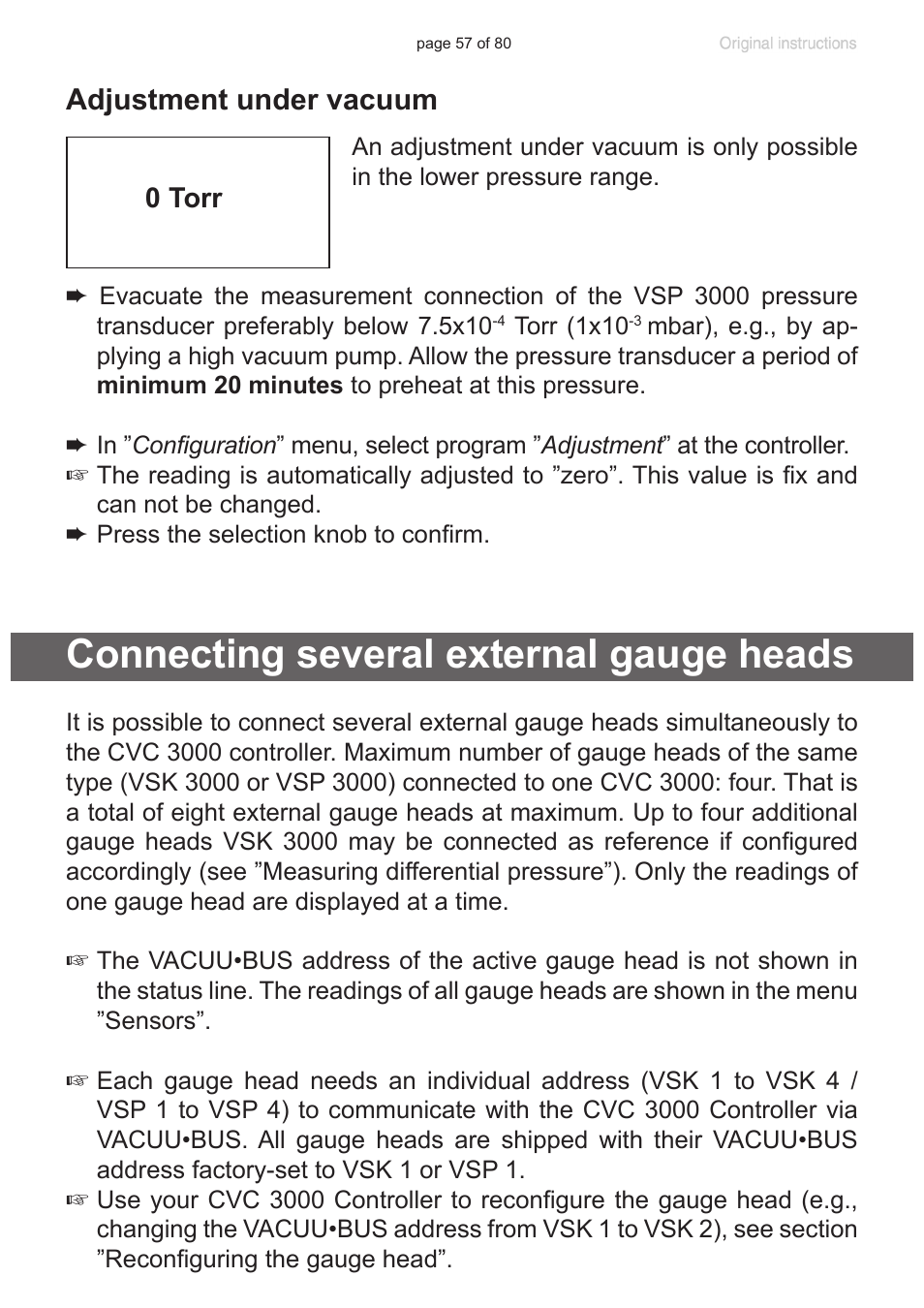 Connecting several external gauge heads, Adjustment under vacuum | VACUUBRAND CVC 3000 User Manual | Page 57 / 80