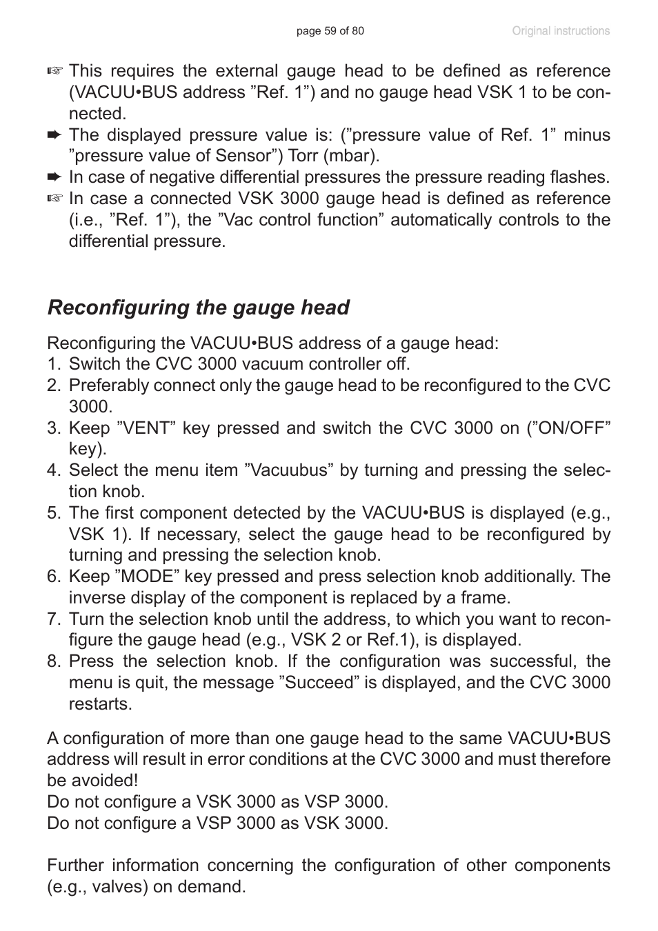 Reconfiguring the gauge head | VACUUBRAND CVC 3000 User Manual | Page 59 / 80