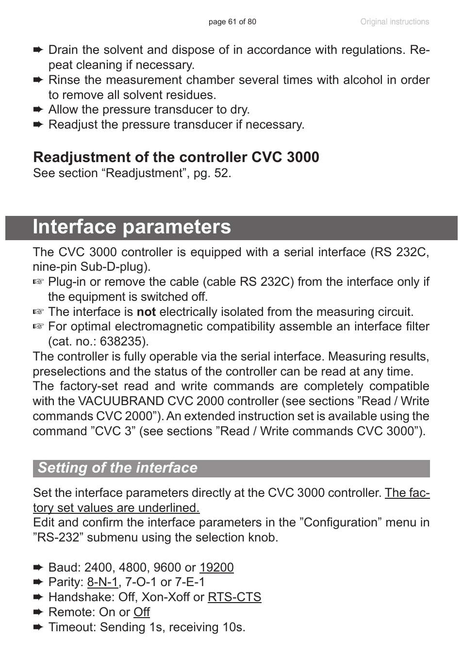 Interface parameters, Setting of the interface, Readjustment of the controller cvc 3000 | VACUUBRAND CVC 3000 User Manual | Page 61 / 80