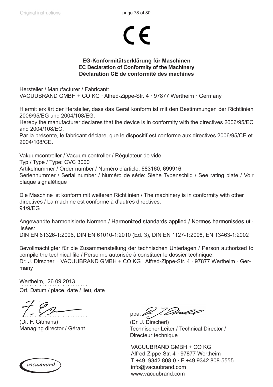 Ec declaration of conformity of the machinery | VACUUBRAND CVC 3000 User Manual | Page 78 / 80