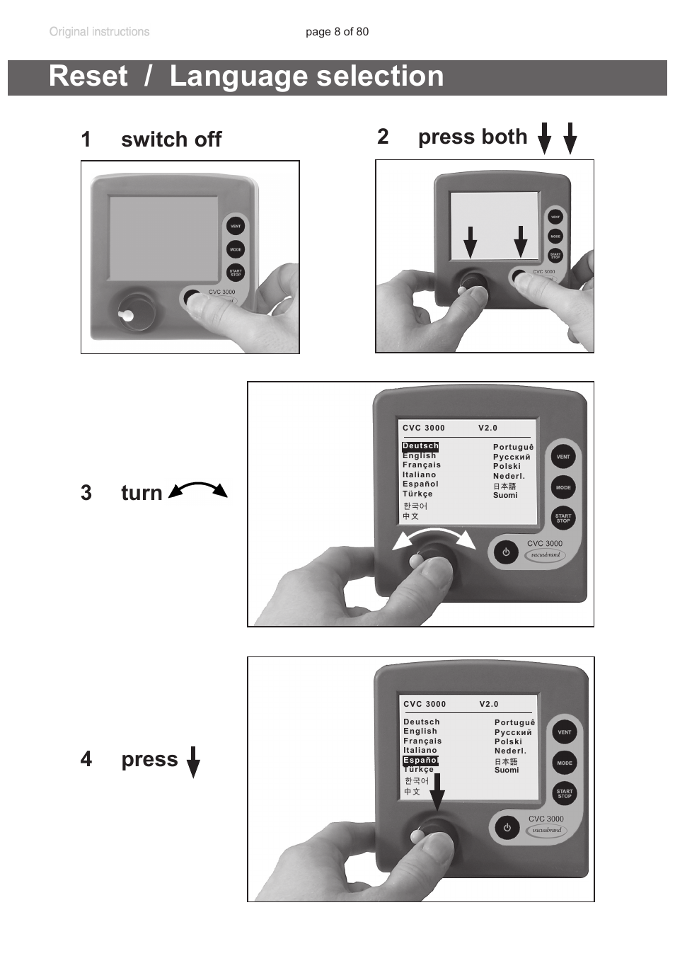 Reset / language selection, 1 switch off 2 press both 3 turn 4 press | VACUUBRAND CVC 3000 User Manual | Page 8 / 80