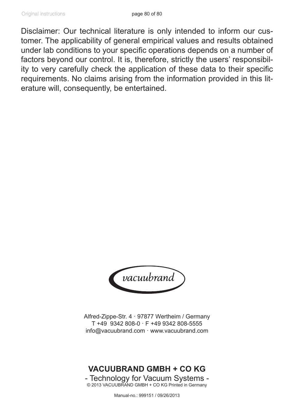 VACUUBRAND CVC 3000 User Manual | Page 80 / 80