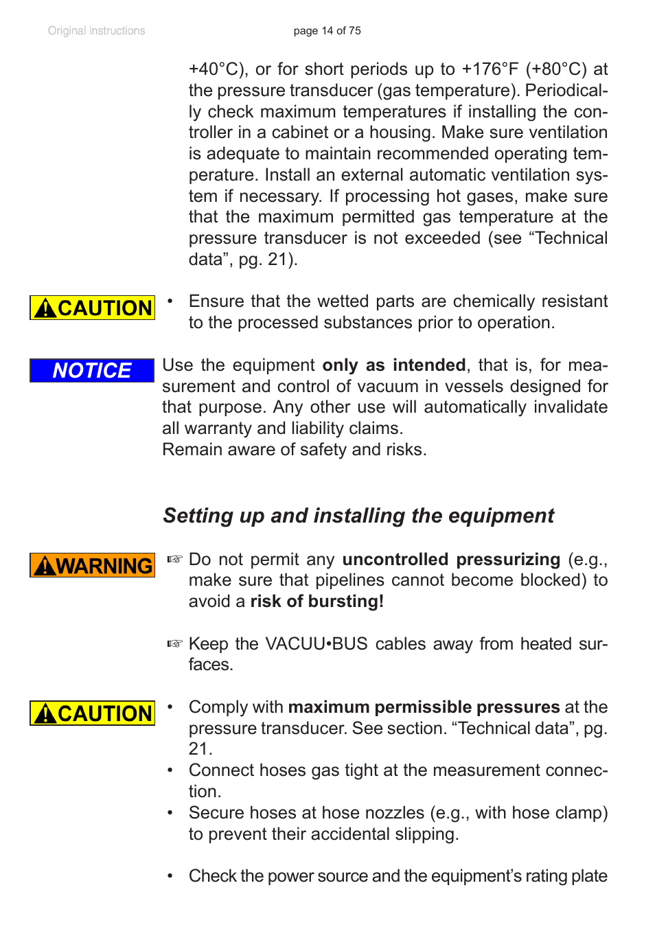 Setting up and installing the equipment, Notice | VACUUBRAND CVC 3000 E User Manual | Page 14 / 75