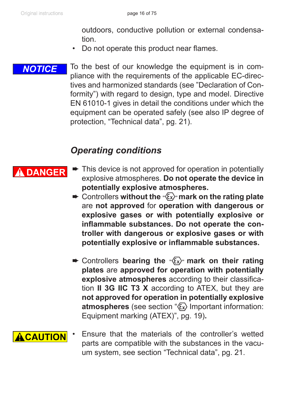 Operating conditions, Safety during operation, Notice | VACUUBRAND CVC 3000 E User Manual | Page 16 / 75