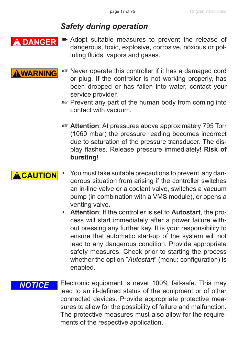 Safety during operation, Notice | VACUUBRAND CVC 3000 E User Manual | Page 17 / 75