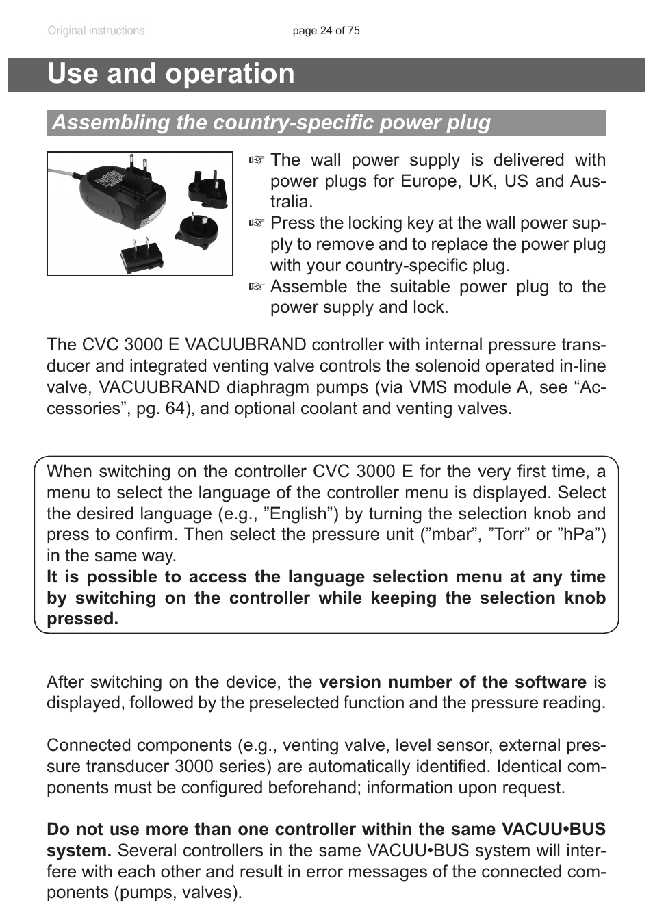 Use and operation, Assembling the country-specific power plug | VACUUBRAND CVC 3000 E User Manual | Page 24 / 75