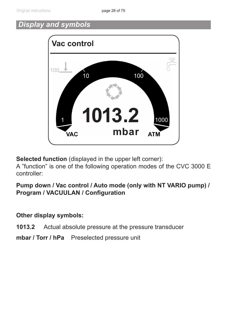 Display and symbols, Mbar | VACUUBRAND CVC 3000 E User Manual | Page 28 / 75