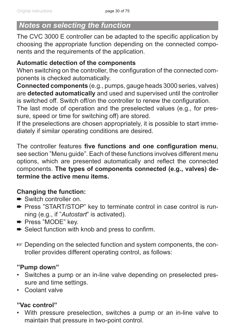 Notes on selecting the function | VACUUBRAND CVC 3000 E User Manual | Page 30 / 75