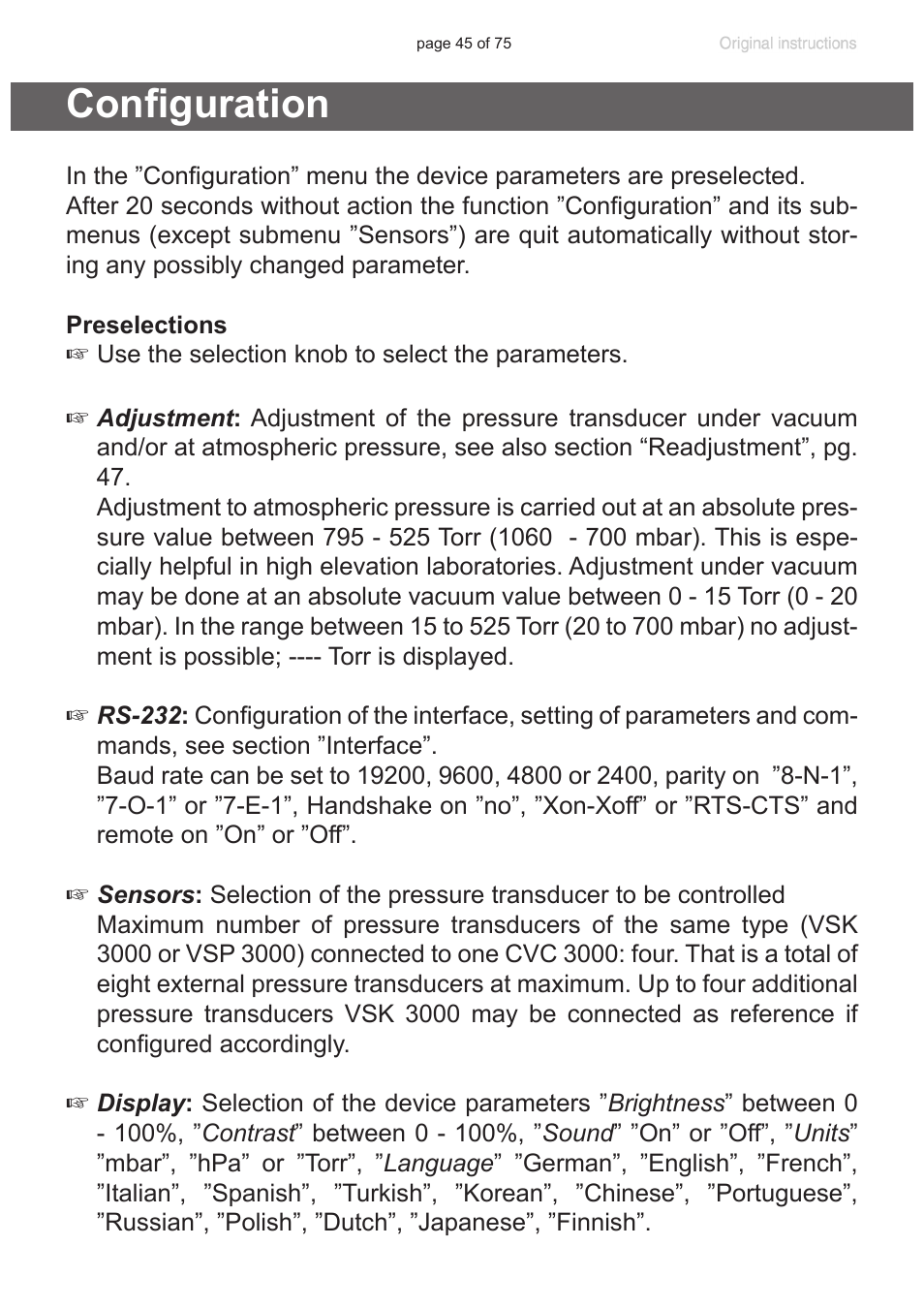 Configuration | VACUUBRAND CVC 3000 E User Manual | Page 45 / 75